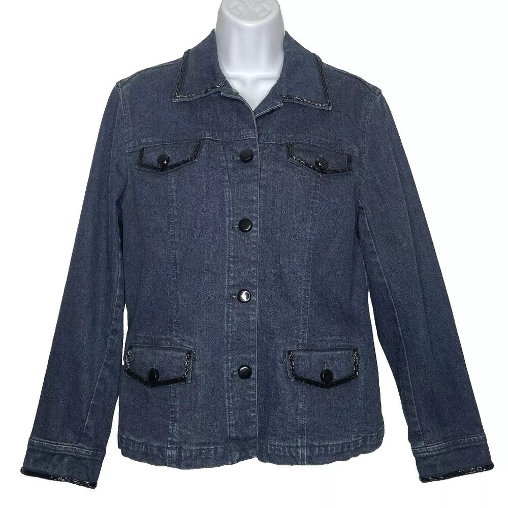 Jones New York Vienna Jean Jacket Size L PETITE Beaded Dark Rinse Blue Denim